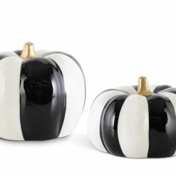 K&K Interiors Black & White Striped Pumpkins With Gold Stems New!