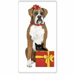 Mary Lake-Thompson Boxer And Cat Christmas Morning Flour Sack Towel
