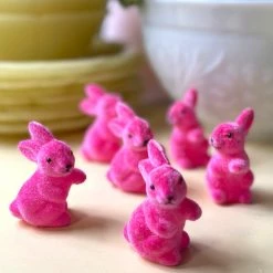 TheHolidayBarn.com Bright Pink Flocked Bunny Rabbits, Small New!