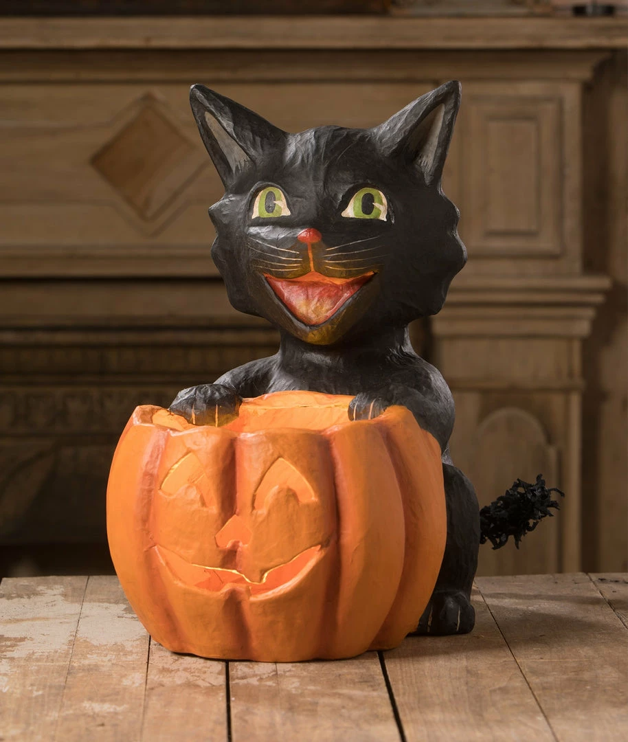 Bethany Lowe Cat's Got Your Pumpkin, Paper Mache 3 Bethany Lowe Cat's Got Your Pumpkin, Paper Mache