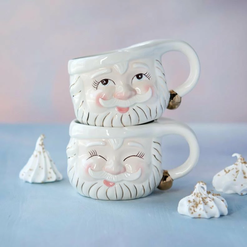 Glitterville Cream & Gold Santa Mugs Christmas 3 Glitterville Cream & Gold Santa Mugs Christmas
