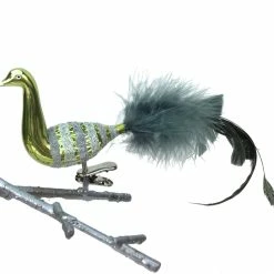 Old German Christmas Celadon Green Bird With Feathers Ornament Clip