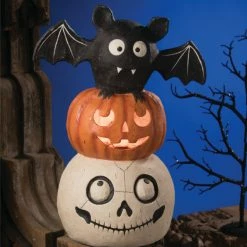TheHolidayBarn.com Halloween Totem Pole With Skull, Pumpkin & Bat New!