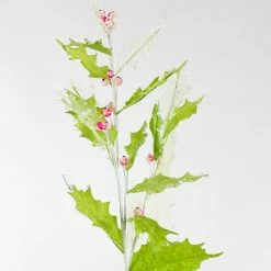 Katherine's Collection Iced Holly Spray, Lime Green Leaves And Pink Berries - Set Of 3