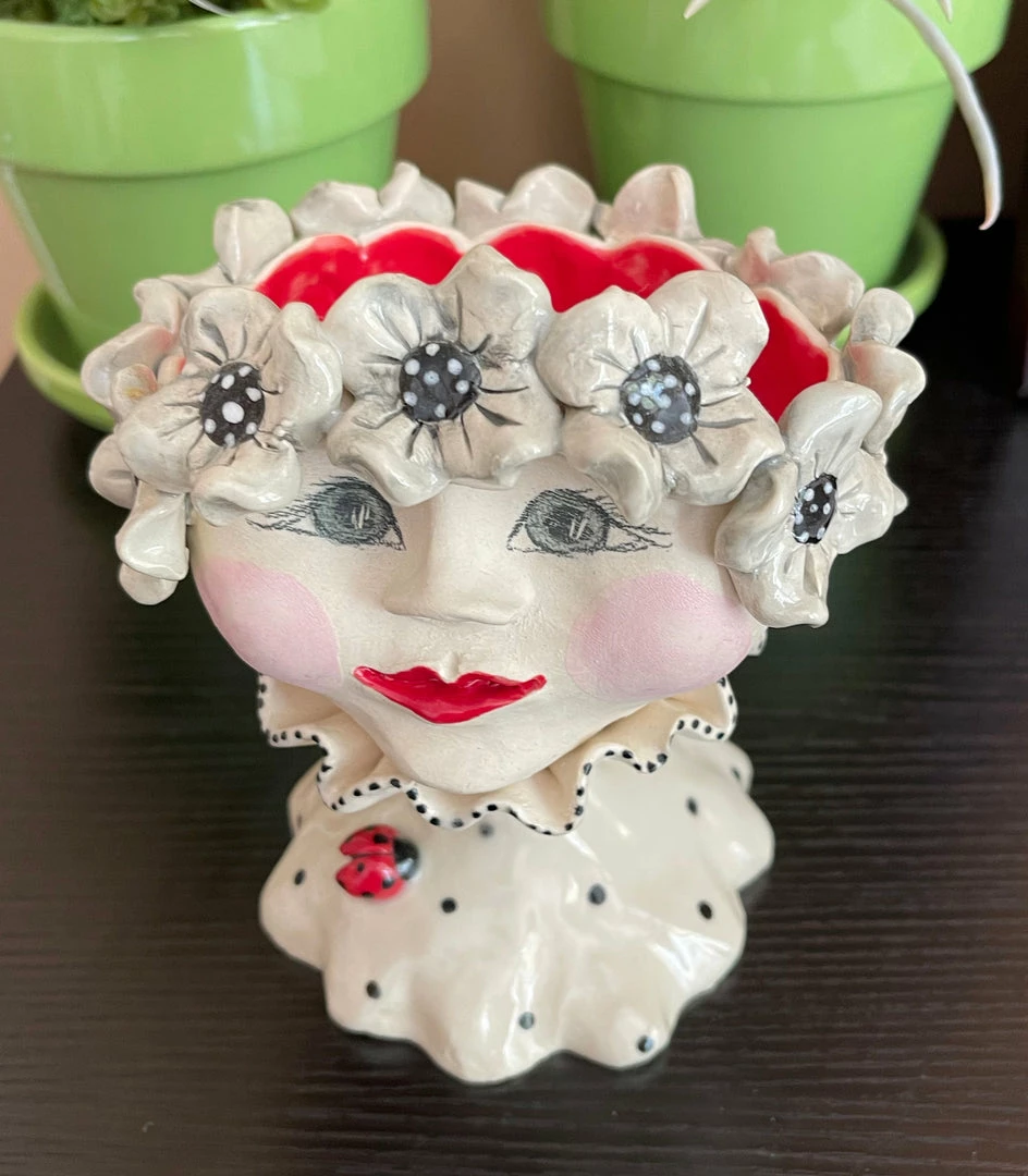 Teyros New! Lady Head Art Pottery Container, Daisy Ruff 2 3 Teyros New! Lady Head Art Pottery Container, Daisy Ruff 2