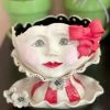 Teyros Lady Head Art Pottery Planter With Tray, Red Bow New! 2 Teyros Lady Head Art Pottery Planter With Tray, Red Bow New!