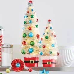 Raz Lighted Bottle Brush Trees In Santa Belt Buckets New!