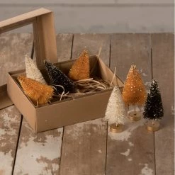 Bethany Lowe New! Mini Halloween Bottle Brush Trees With Gold Glitter