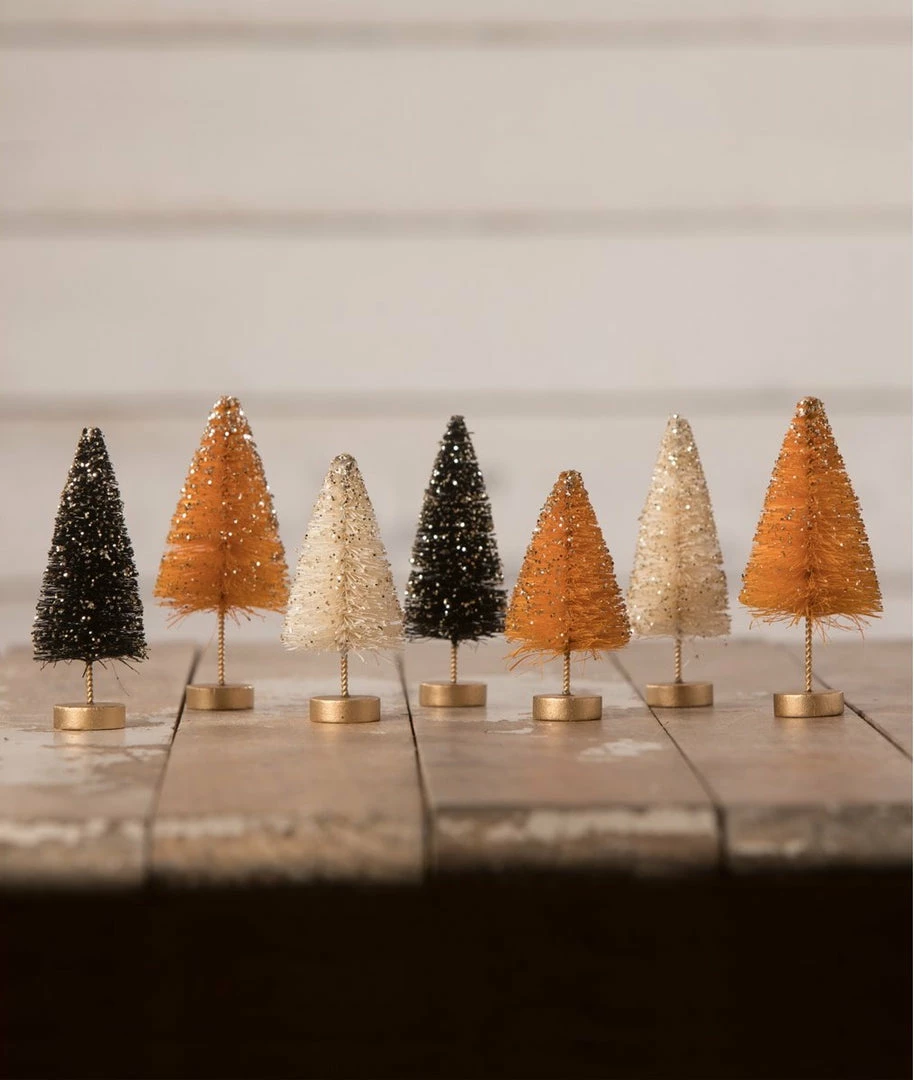 Bethany Lowe New! Mini Halloween Bottle Brush Trees With Gold Glitter 3 Bethany Lowe New! Mini Halloween Bottle Brush Trees With Gold Glitter