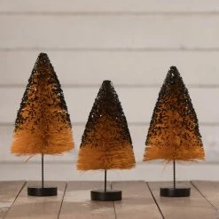 Bethany Lowe Orange Bottle Brush Trees With Black Glitter