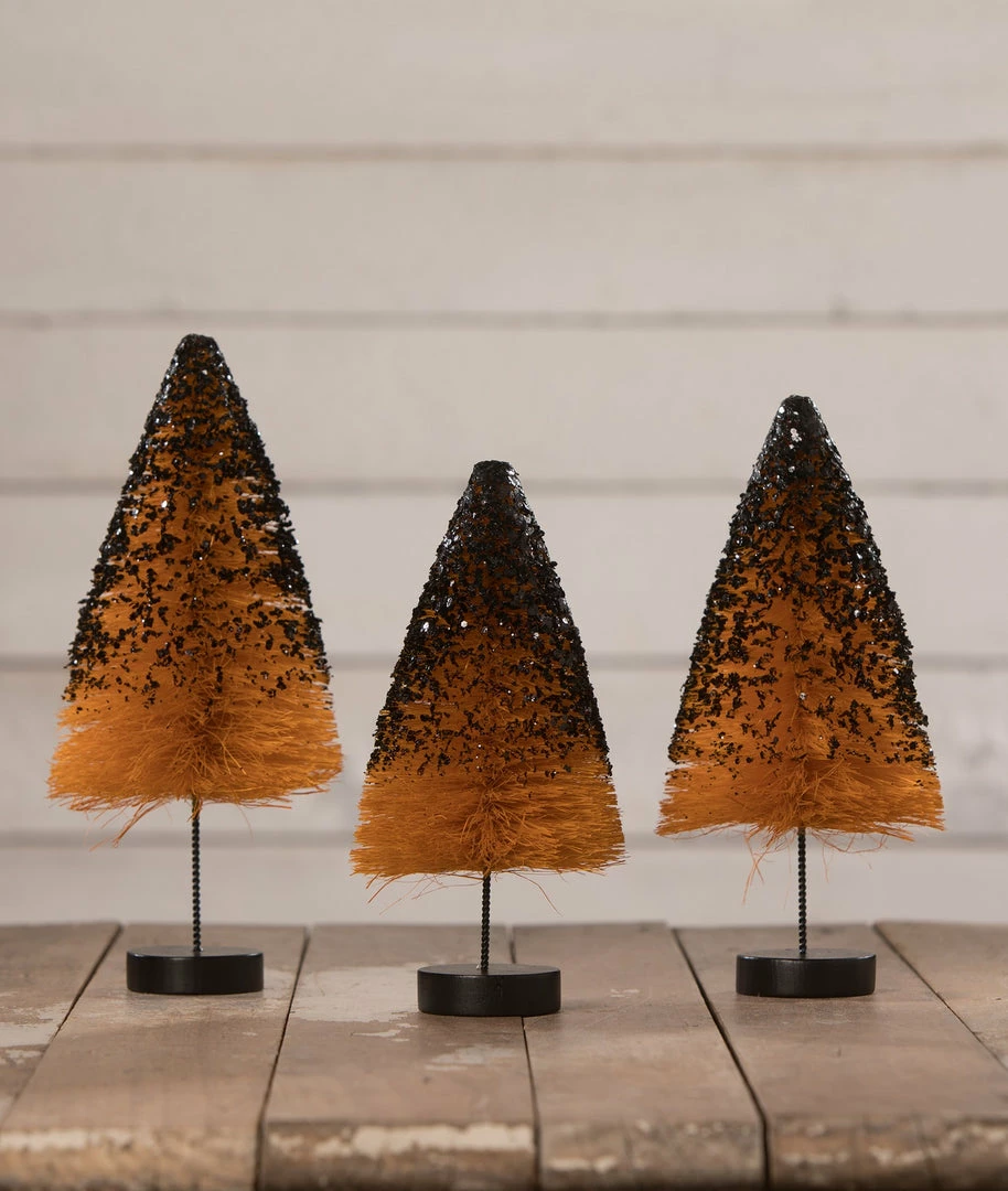Bethany Lowe Orange Bottle Brush Trees With Black Glitter 3 Bethany Lowe Orange Bottle Brush Trees With Black Glitter