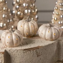Bethany Lowe Polka Dot Pumpkin Luminaries, Ivory & Gold