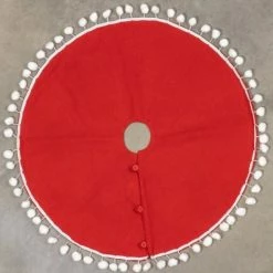 Ragon House New! Red Tree Skirt With White Pom Poms, 28"