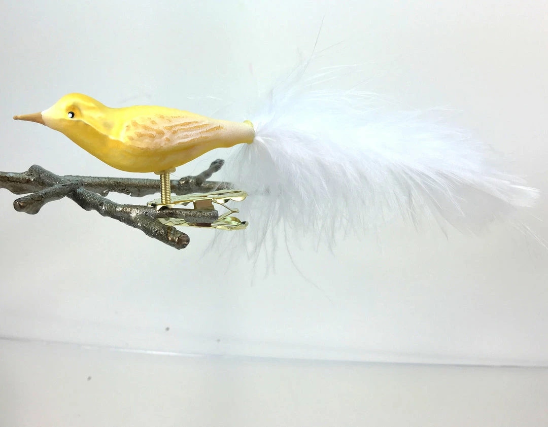 Old German Christmas Small Yellow Bird With White Feather Tail Ornament Clip 3 Old German Christmas Small Yellow Bird With White Feather Tail Ornament Clip